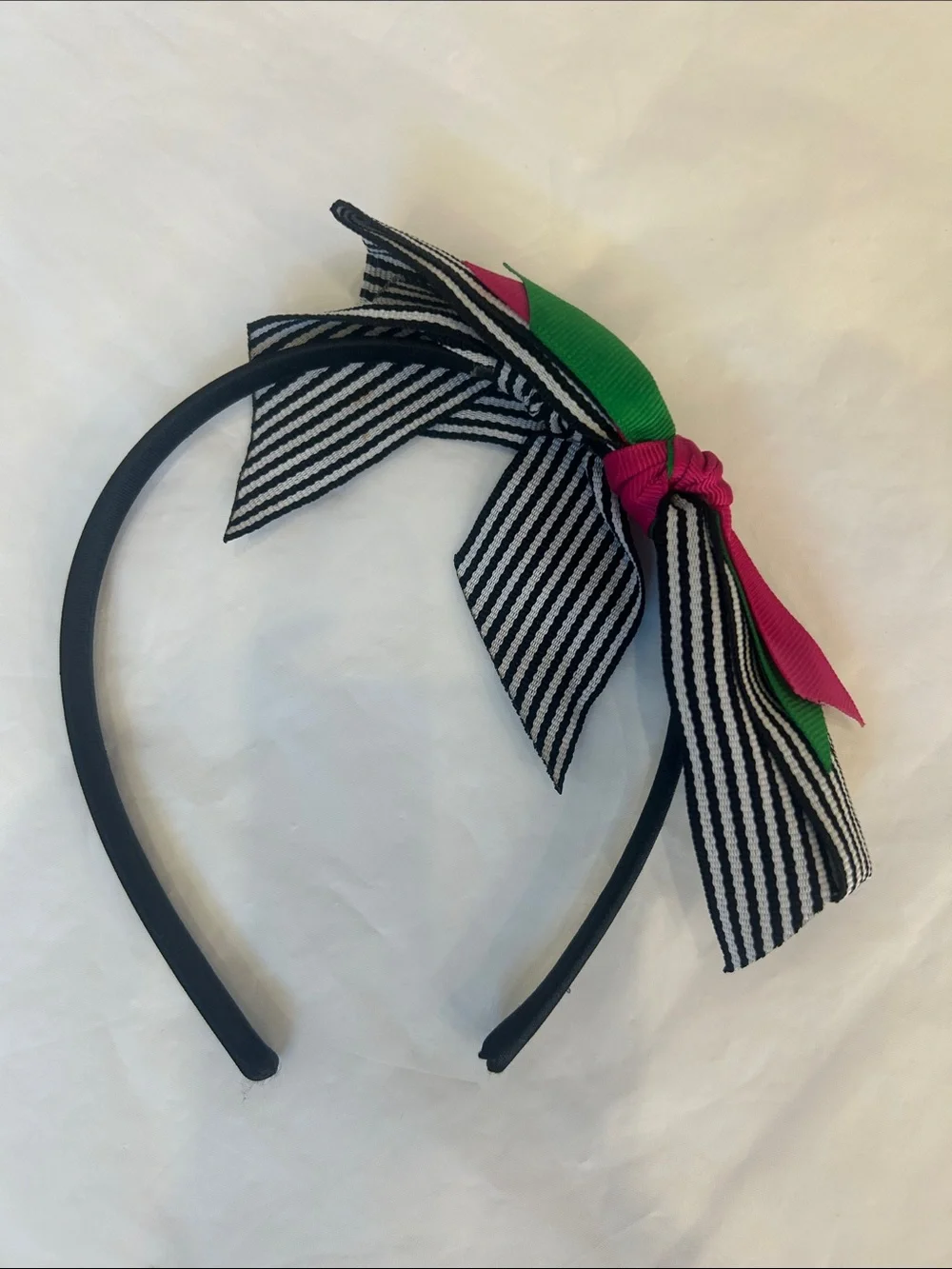 Gymboree Black Headband with Striped Bow and Pink & Green Ribbon